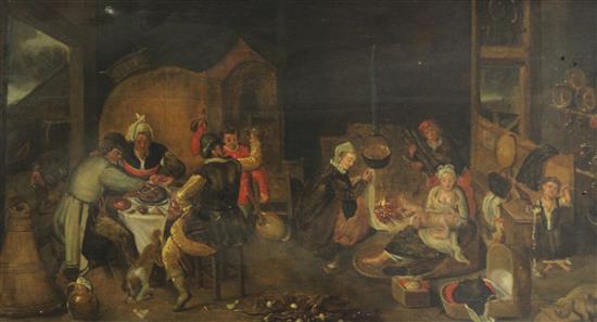 After Teniers Domestic interior with figures around a table and a nursing mother, 14 x 24.5in.